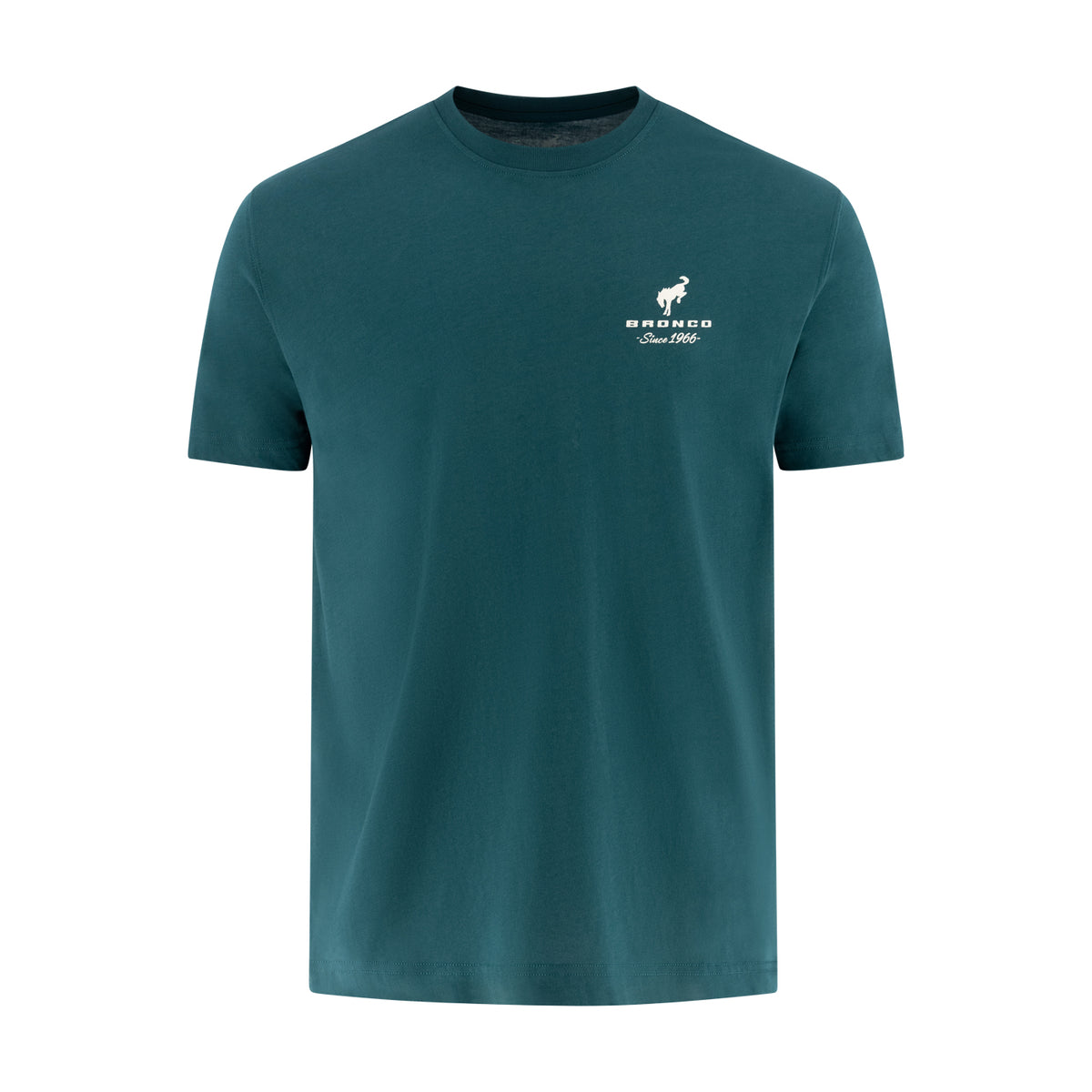 teal men's t-shirt with a Bronco since 1966 logo at the front left chest on a white background