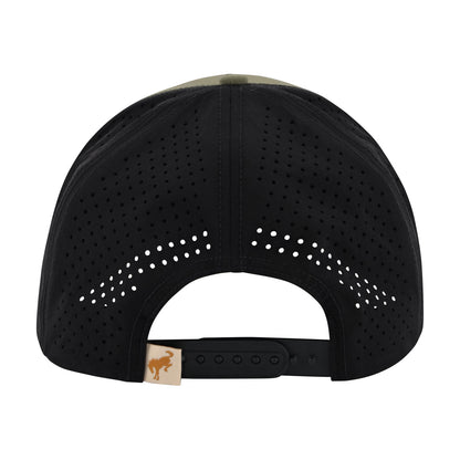 Rear view of a black perforated baseball cap with an adjustable strap and a small tan kangaroo logo patch.