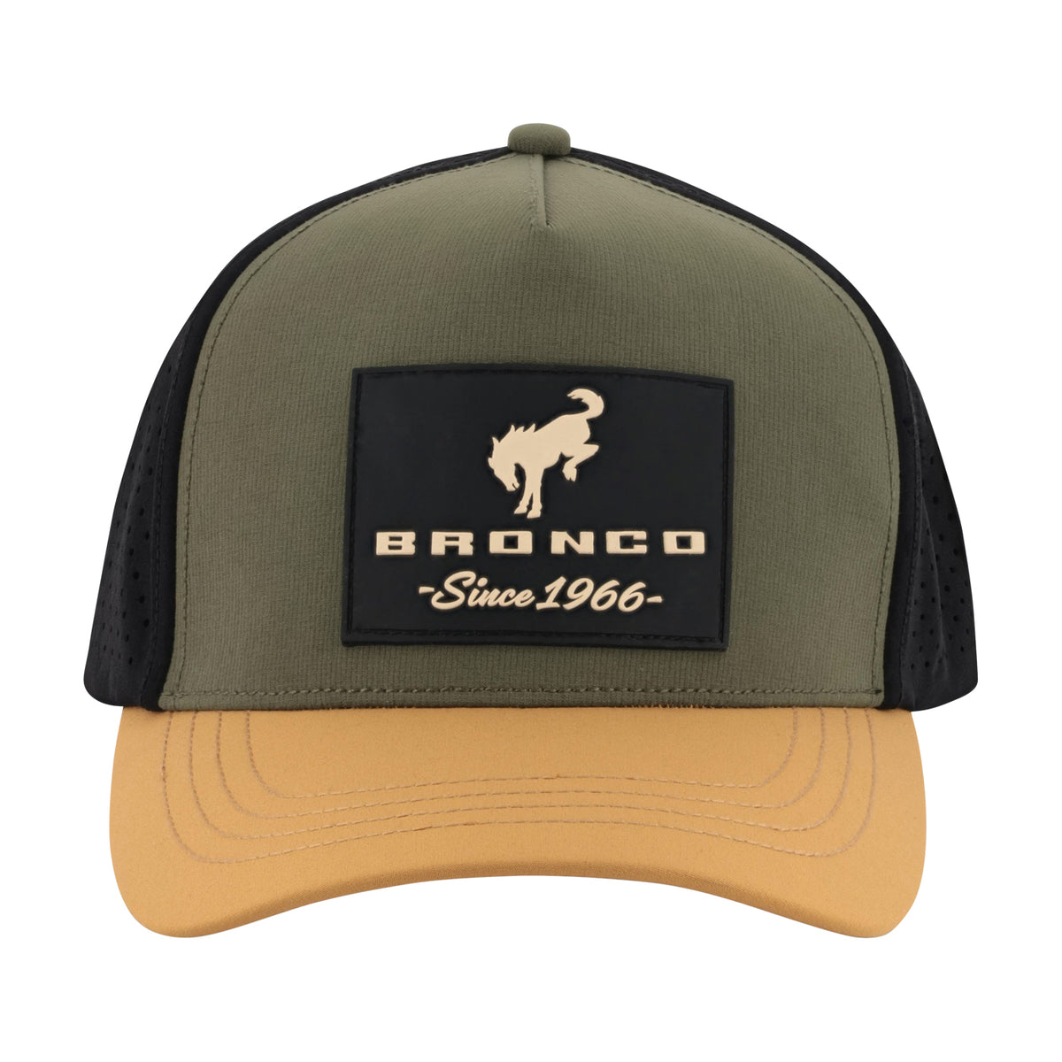 An olive green and tan trucker hat with black mesh side panels, featuring a black front patch with a tan bucking horse logo and the text 'BRONCO Since 1966'.