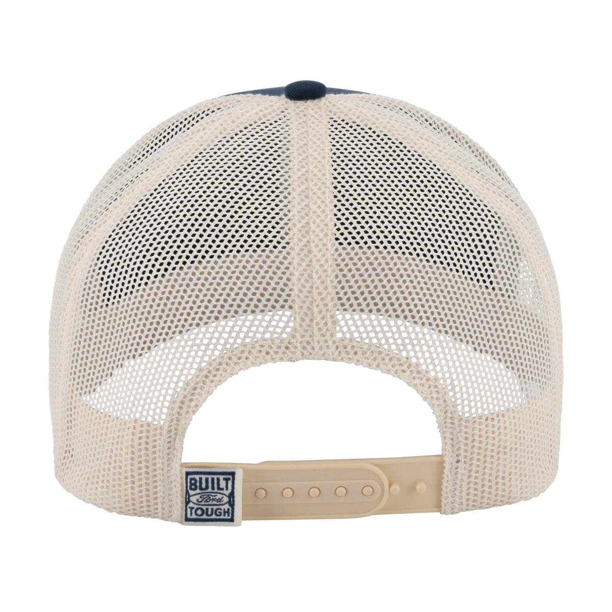 Back view of a beige mesh trucker cap with a navy blue top button and a 'Built Tough' brand patch on the adjustable strap.