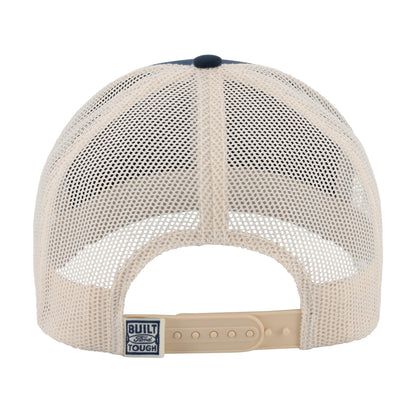 Back view of a beige mesh trucker cap with a navy blue top button and a 'Built Tough' brand patch on the adjustable strap.