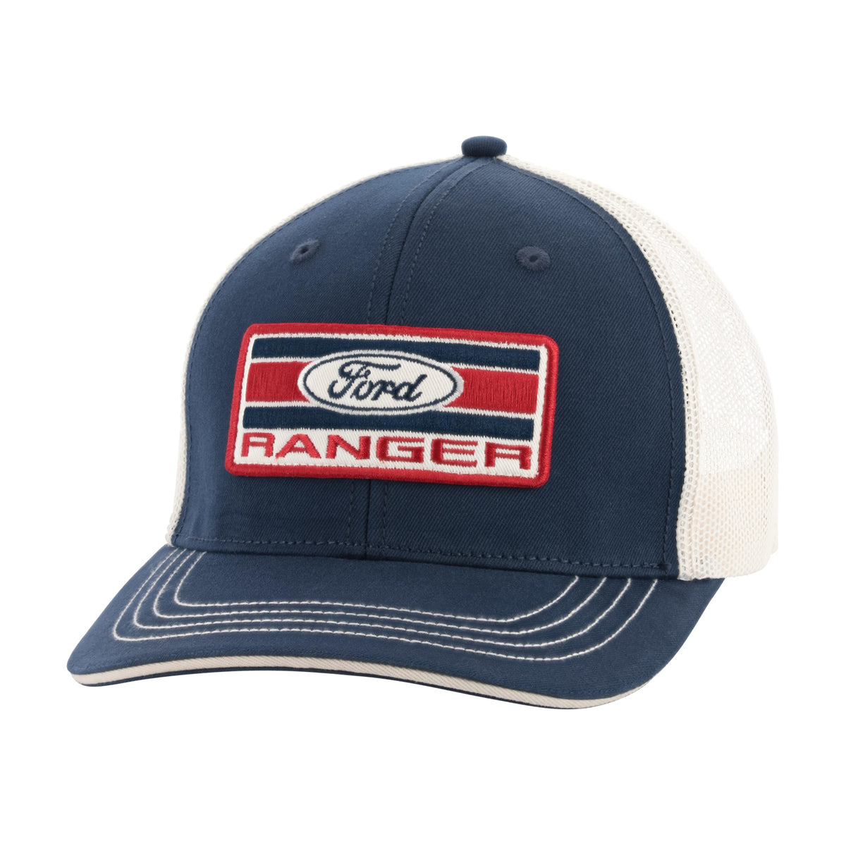 navy blue Ford Ranger hat with an americana patch and white mesh backing