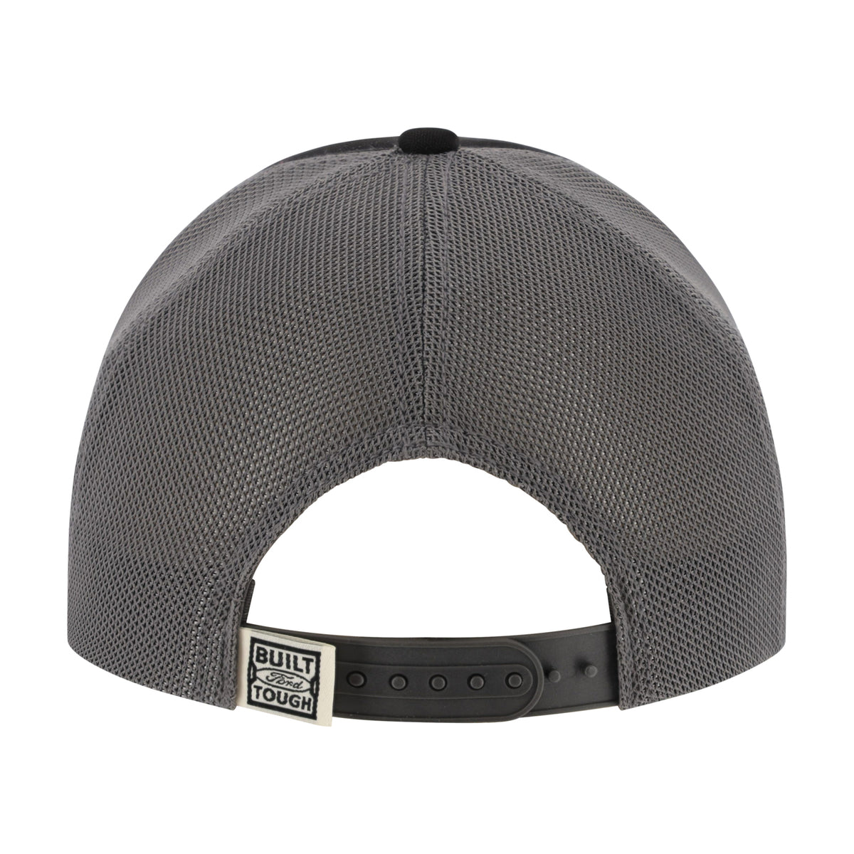 back of a gray mesh back snapback hat with a built Ford Tough label