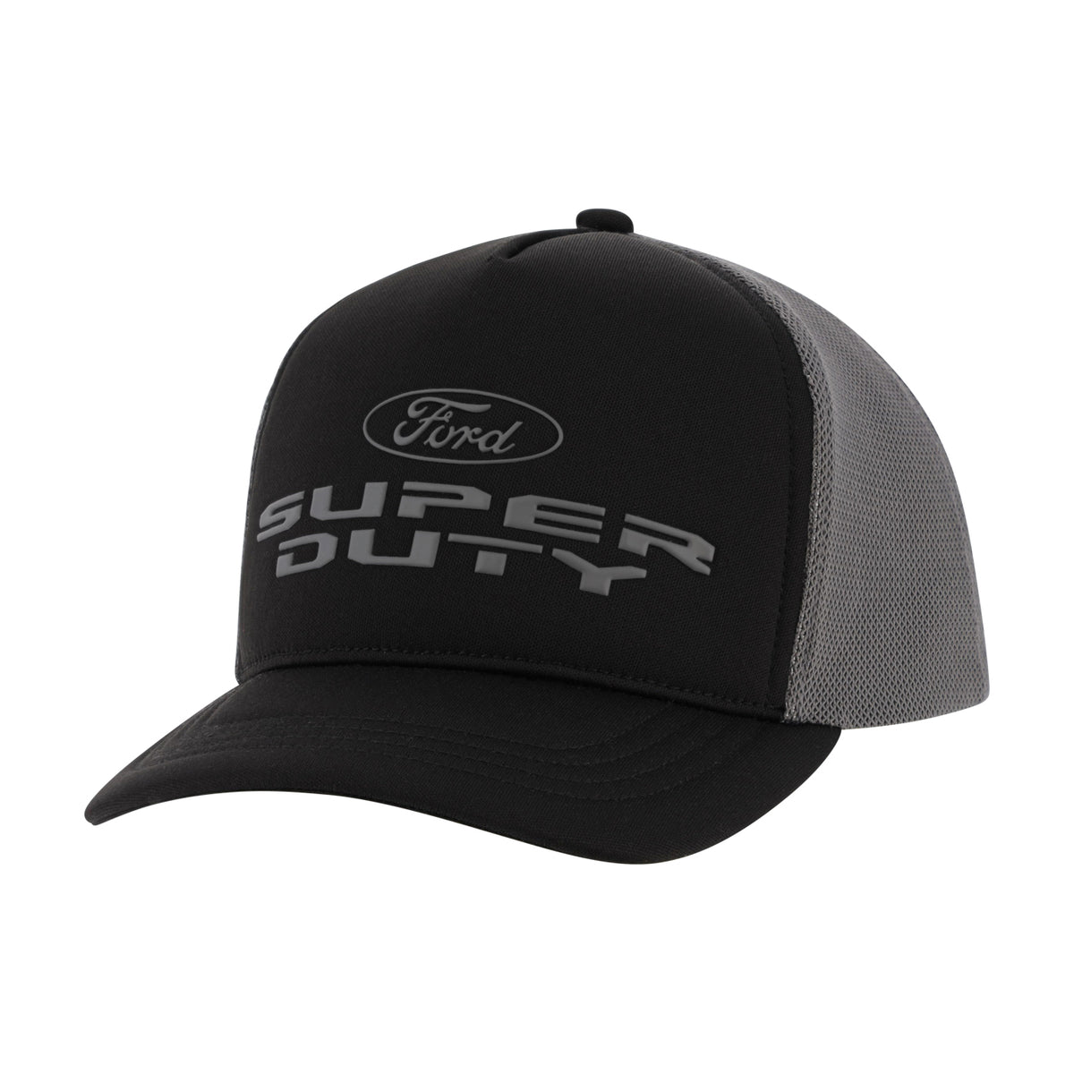 front of a black and gray Ford super duty hat