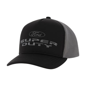 front of a black and gray Ford super duty hat
