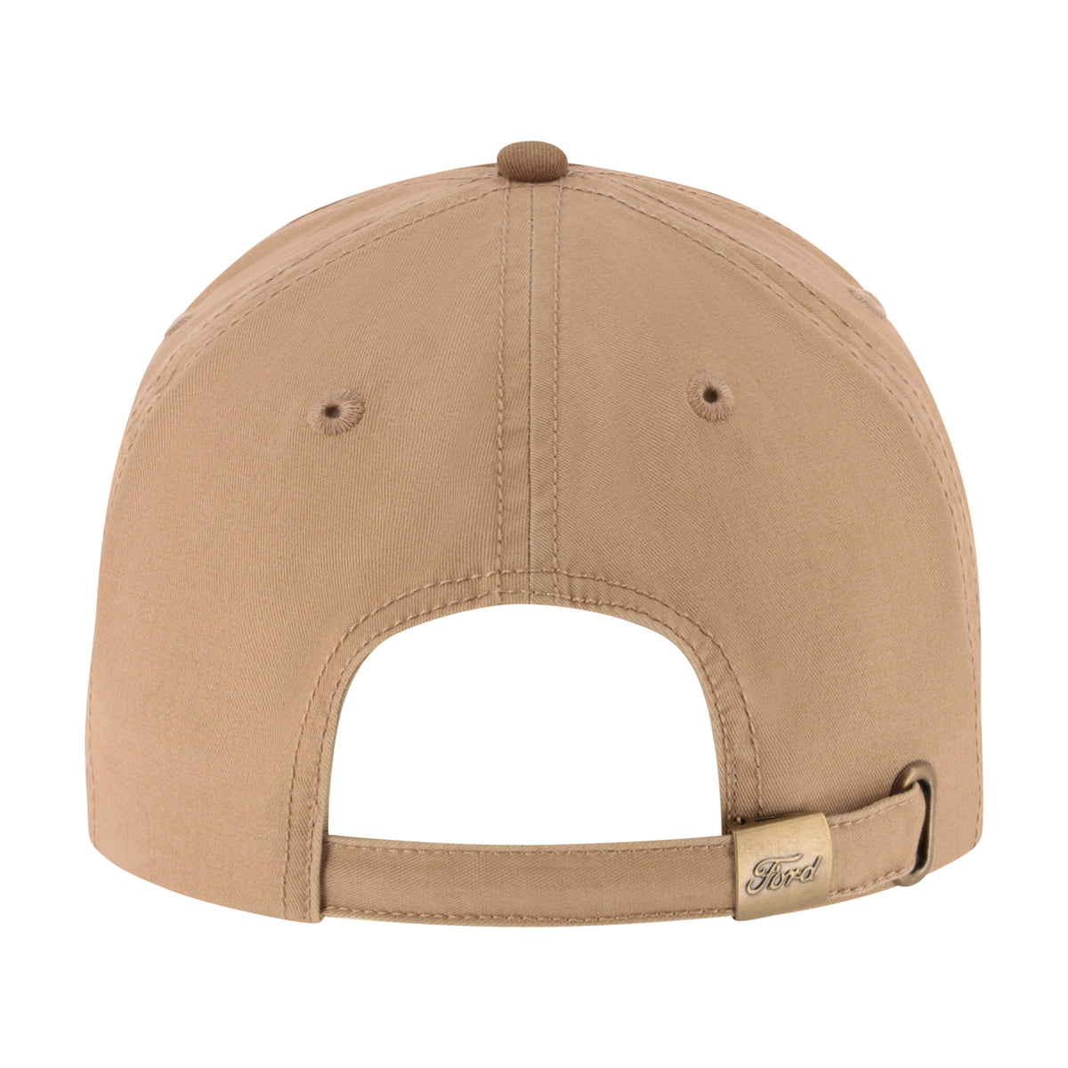 Back view of a tan baseball cap with an adjustable strap and a small Ford logo patch on the side, shown on a plain white background.