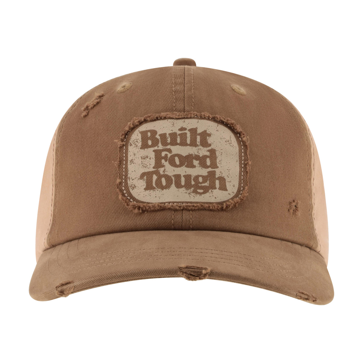 A distressed brown trucker-style baseball cap with a front patch reading 'Built Ford Tough' on a plain white background.