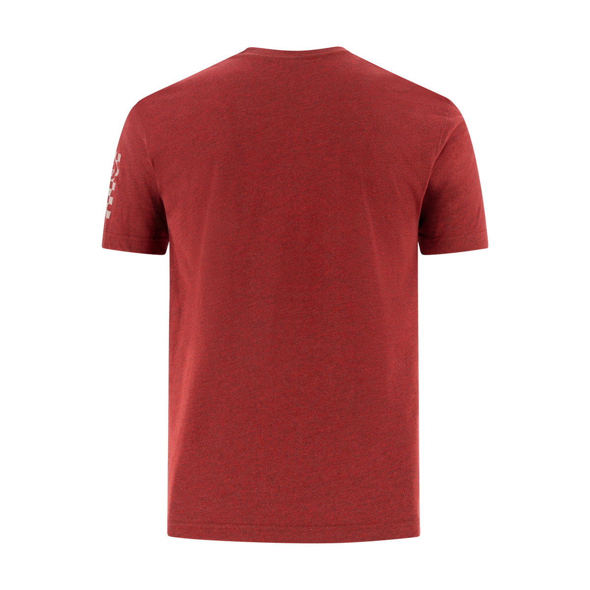 A heathered red short-sleeve t-shirt shown from the back, featuring a small white graphic print on the left sleeve, set against a plain white background.