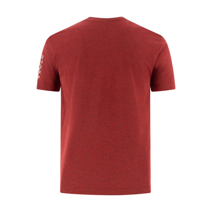 A heathered red short-sleeve t-shirt shown from the back, featuring a small white graphic print on the left sleeve, set against a plain white background.