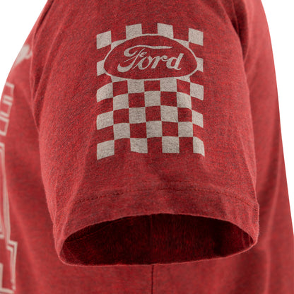 Close-up of a heather red short-sleeve T-shirt with a white Ford logo and checkered square graphic printed on the upper sleeve.