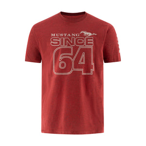 A heathered red short-sleeve t-shirt with a distressed white graphic on the front reading 'MUSTANG SINCE 64' and featuring a small running horse logo above the text.
