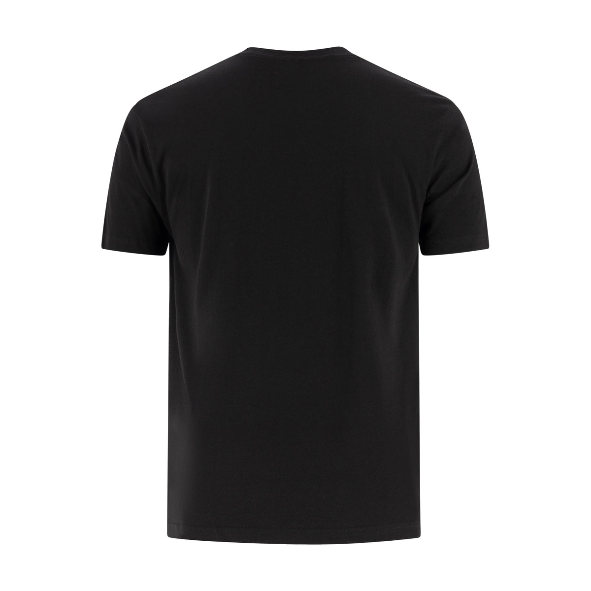 A plain black short-sleeve crewneck t-shirt shown from the back, isolated on a solid white background.