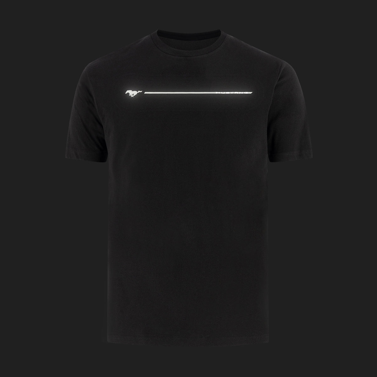 A black short-sleeve crewneck t-shirt featuring a glowing white horizontal line graphic across the chest with a small running horse logo at the left end, set against a dark background.