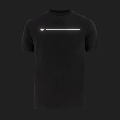 A black short-sleeve crewneck t-shirt featuring a glowing white horizontal line graphic across the chest with a small running horse logo at the left end, set against a dark background.