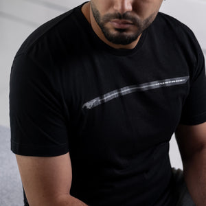 Man in a black t-shirt with a Mustang pony racing stripe