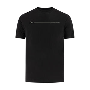 A black short-sleeve crewneck t-shirt featuring a small white graphic on the chest with a horse logo and the text Mustang