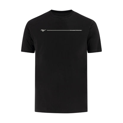 A black short-sleeve crewneck t-shirt featuring a small white graphic on the chest with a horse logo and the text Mustang