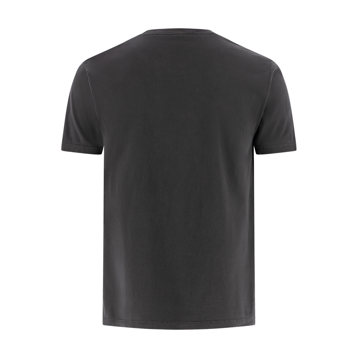 back of a charcoal t-shirt on a white background