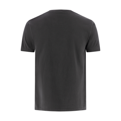 back of a charcoal t-shirt on a white background