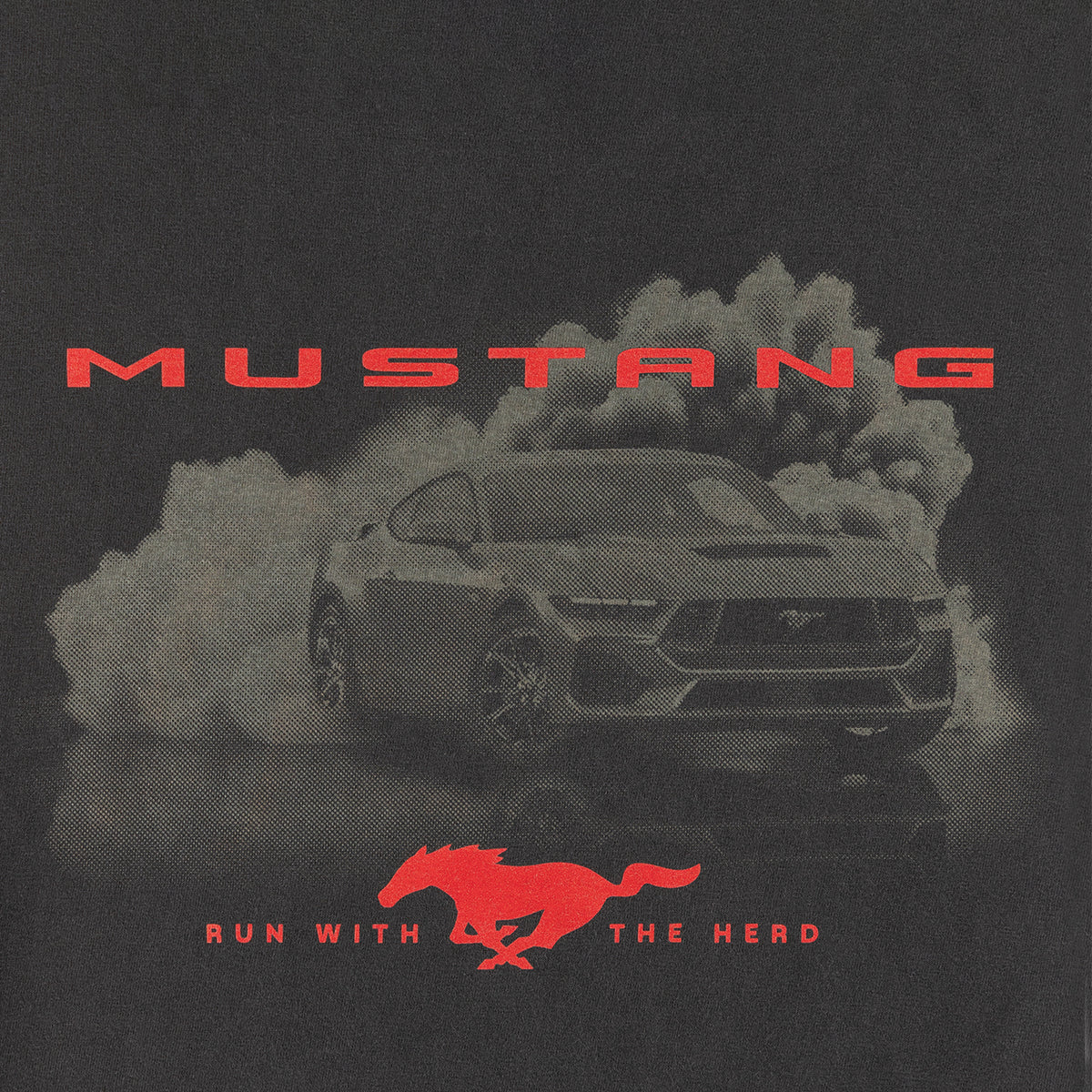 close up of a gradient mustang graphic with red mustang run with the herd text on a black background