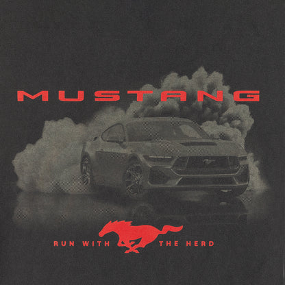 close up of a gradient mustang graphic with red mustang run with the herd text on a black background