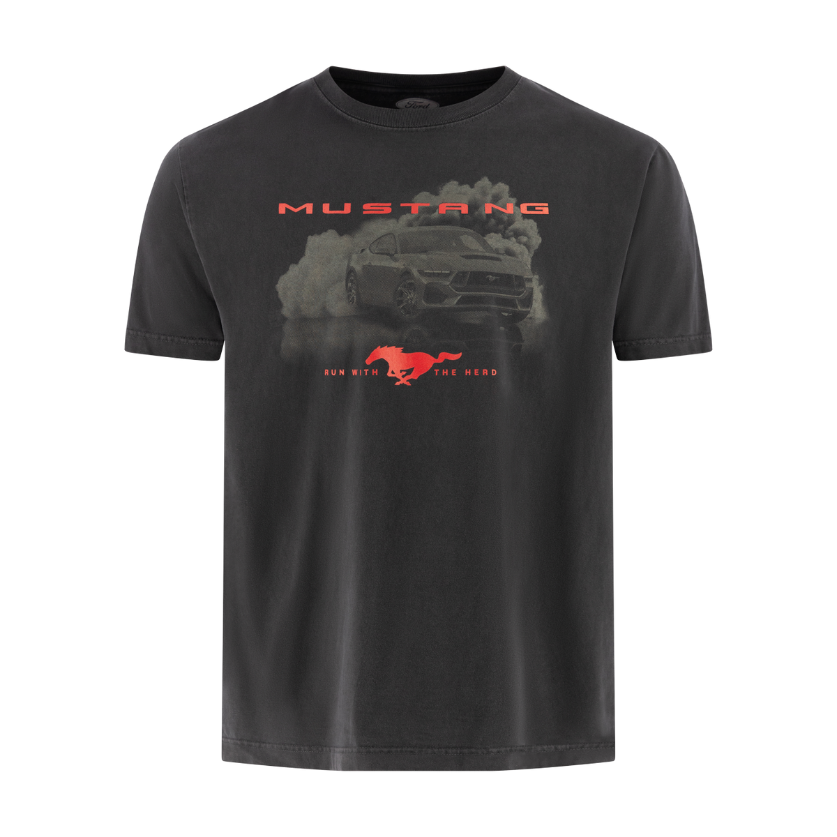 Mustang run with the herd text in red with a mustang graphic on a black t-shirt