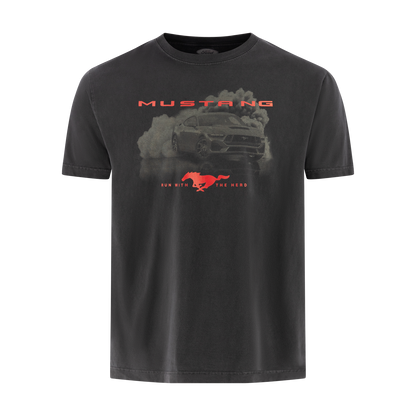 Mustang run with the herd text in red with a mustang graphic on a black t-shirt