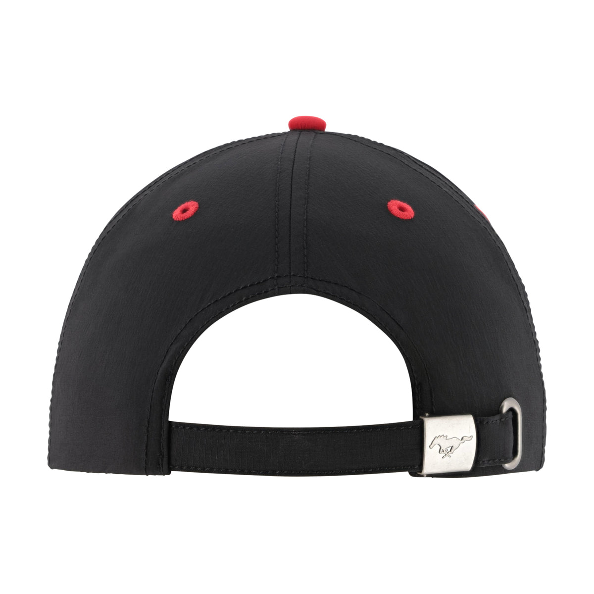 Rear view of a black baseball cap with red eyelets, a red top button, and a silver metal buckle on the strap, shown on a white background.