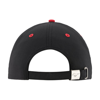 Rear view of a black baseball cap with red eyelets, a red top button, and a silver metal buckle on the strap, shown on a white background.