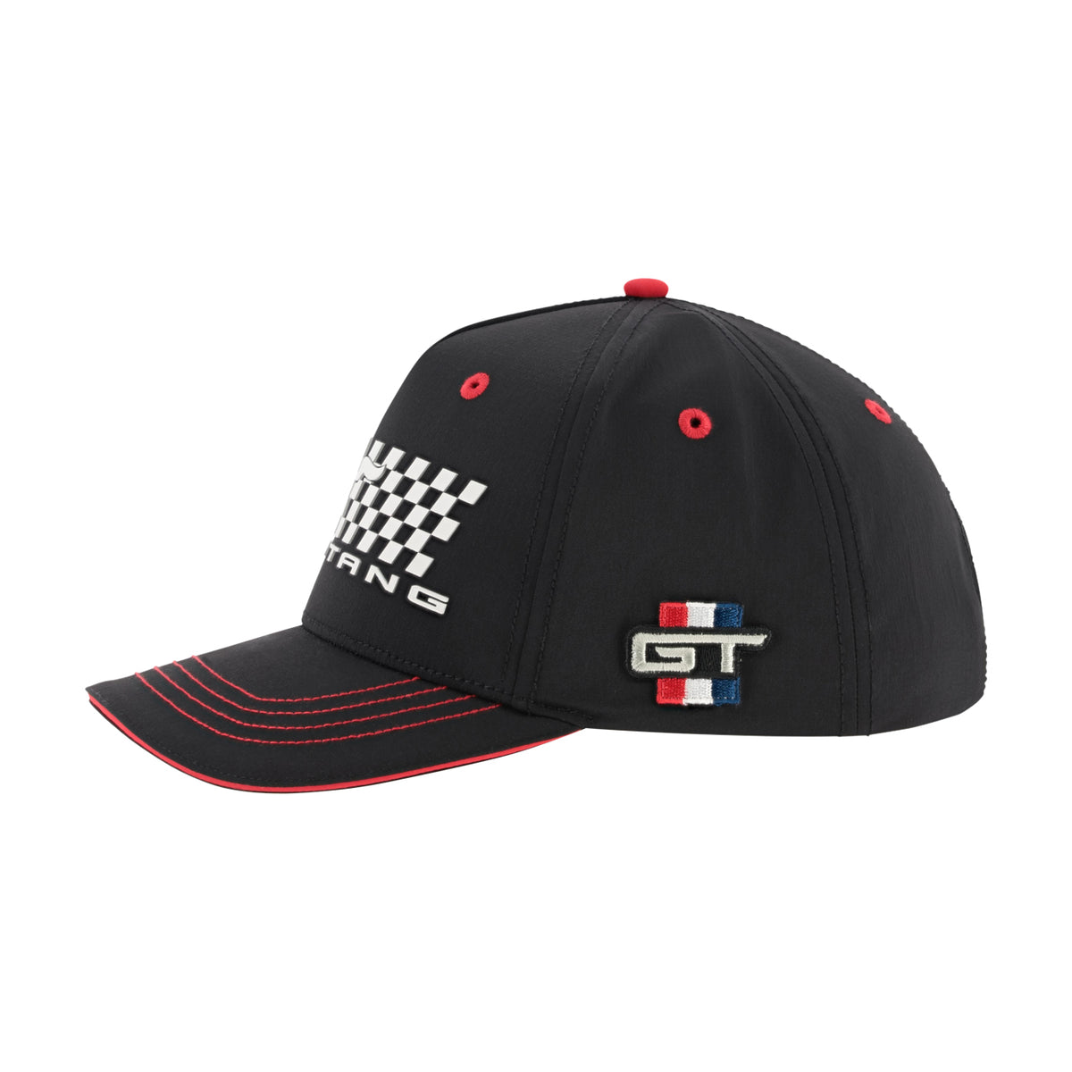 A black baseball cap with red accents, featuring a white checkered flag graphic and the word 'RACING' on the front panel, and a small 'GT' logo with red, white, and blue stripes on the side. The cap has red eyelets and red contrast stitching on the brim, set against a plain white background.