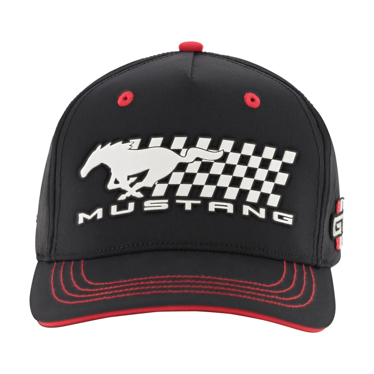 A black baseball cap featuring a white embroidered Mustang logo and a checkered flag graphic on the front, with red eyelets, red stitching on the brim, and a red button on top.