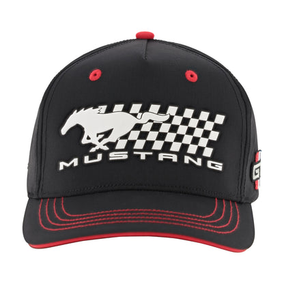 A black baseball cap featuring a white embroidered Mustang logo and a checkered flag graphic on the front, with red eyelets, red stitching on the brim, and a red button on top.