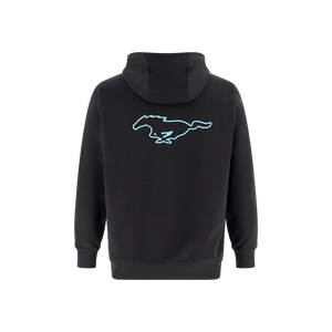 back of a black hoodie with a mustang mach-e pony logo graphic