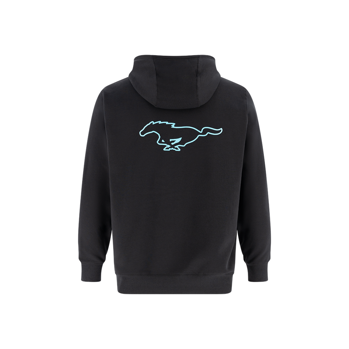 back of a black hoodie with a mustang mach-e pony logo graphic