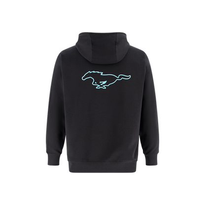 back of a black hoodie with a mustang mach-e pony logo graphic
