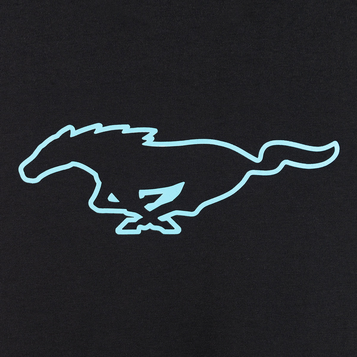 close up of a blue mustang mach-e pony logo graphic on a black background
