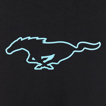 close up of a blue mustang mach-e pony logo graphic on a black background