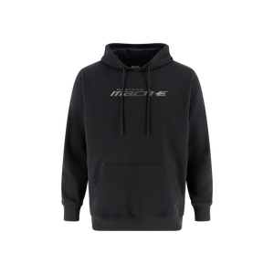 A black pullover hoodie with a kangaroo pocket and drawstrings, featuring a gray 'Mustang Mach-E ' brand logo printed across the chest, displayed on a clean white background.