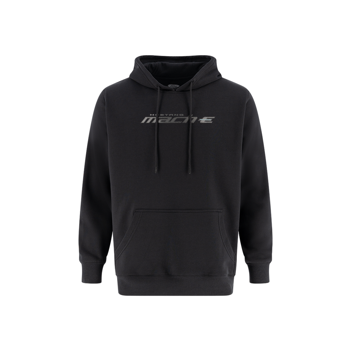 A black pullover hoodie with a kangaroo pocket and drawstrings, featuring a gray 'Mustang Mach-E ' brand logo printed across the chest, displayed on a clean white background.