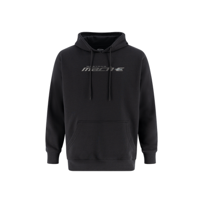 A black pullover hoodie with a kangaroo pocket and drawstrings, featuring a gray 'Mustang Mach-E ' brand logo printed across the chest, displayed on a clean white background.