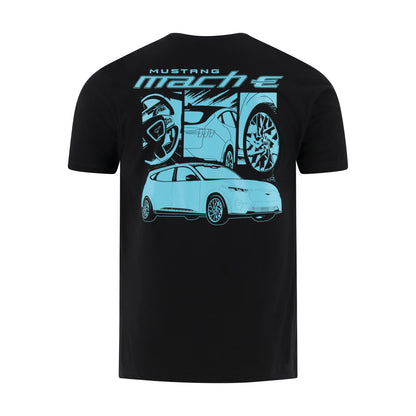 A black short-sleeve t-shirt shown from the back, featuring a large graphic print of a light blue Mustang Mach-E car and stylized text on a white background.