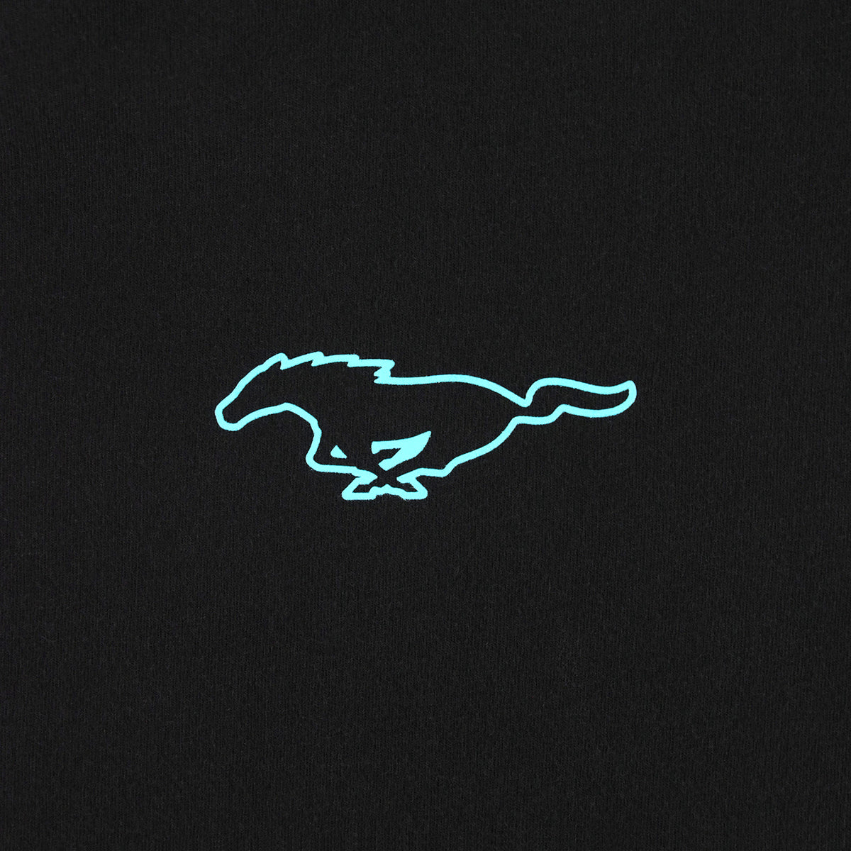 A light blue outline of a running horse logo, commonly associated with Ford Mustang, centered on a textured black background.