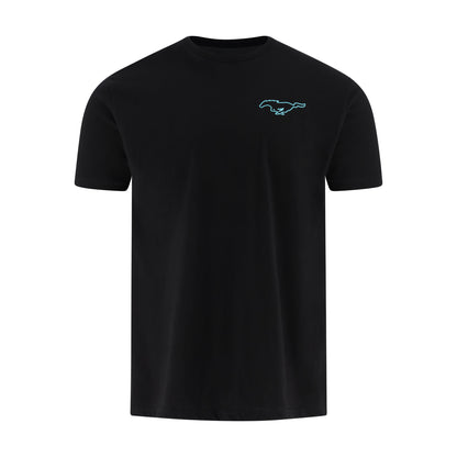 A black short-sleeve crewneck t-shirt featuring a small light blue outline of the Mustang horse logo on the left chest, displayed against a solid white background.