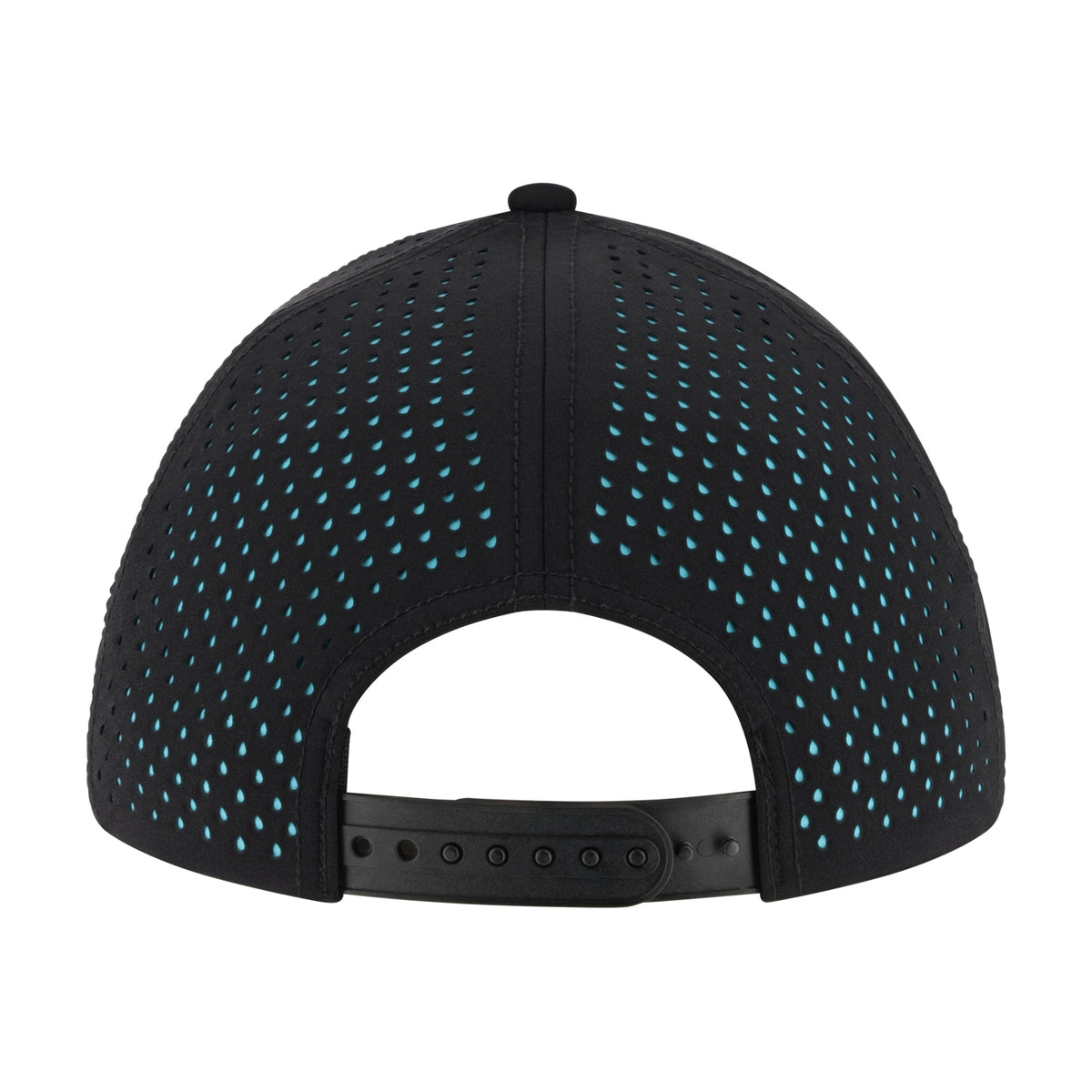 Black baseball cap viewed from the back, featuring a perforated design with turquoise blue light shining through the holes and an adjustable black back strap.