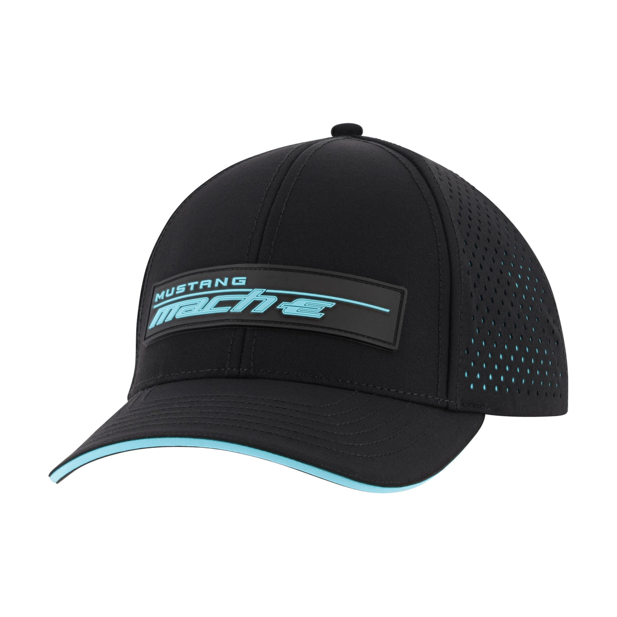 A black baseball cap featuring a black rectangular patch on the front with the text 'MUSTANG mach-3' in light blue and white. The cap has perforated side panels with light blue dots and a light blue accent line along the edge of the curved brim.