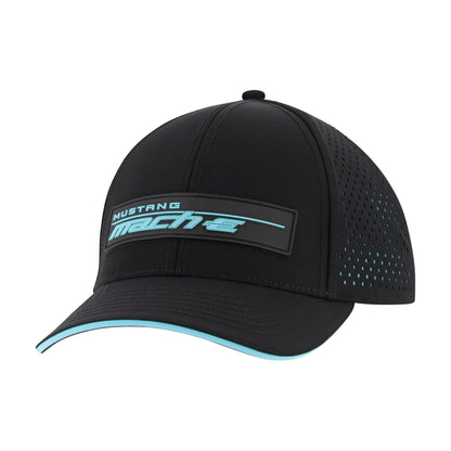 A black baseball cap featuring a black rectangular patch on the front with the text 'MUSTANG mach-3' in light blue and white. The cap has perforated side panels with light blue dots and a light blue accent line along the edge of the curved brim.
