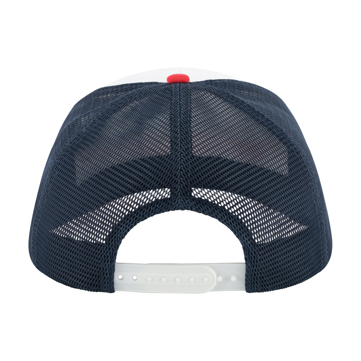 back of snapback hat with blue mesh and a white closure on a white background