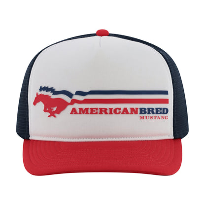RED WHITE and blue American breed Mustang striped hat with a red bill on a white background