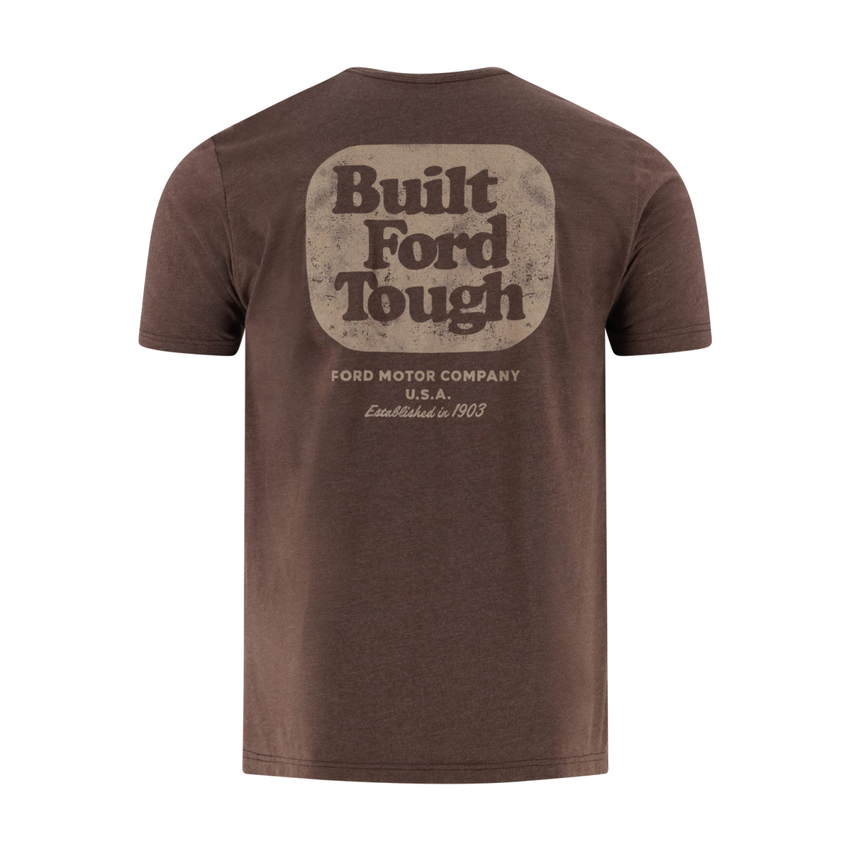 A brown short-sleeve t-shirt shown from the back, featuring a distressed beige graphic that reads 'Built Ford Tough' with 'FORD MOTOR COMPANY U.S.