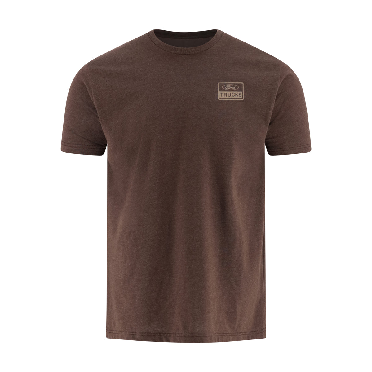 A brown short-sleeve crewneck t-shirt with a small rectangular 'TRUCKS' logo patch on the left chest, displayed on a clean white background.